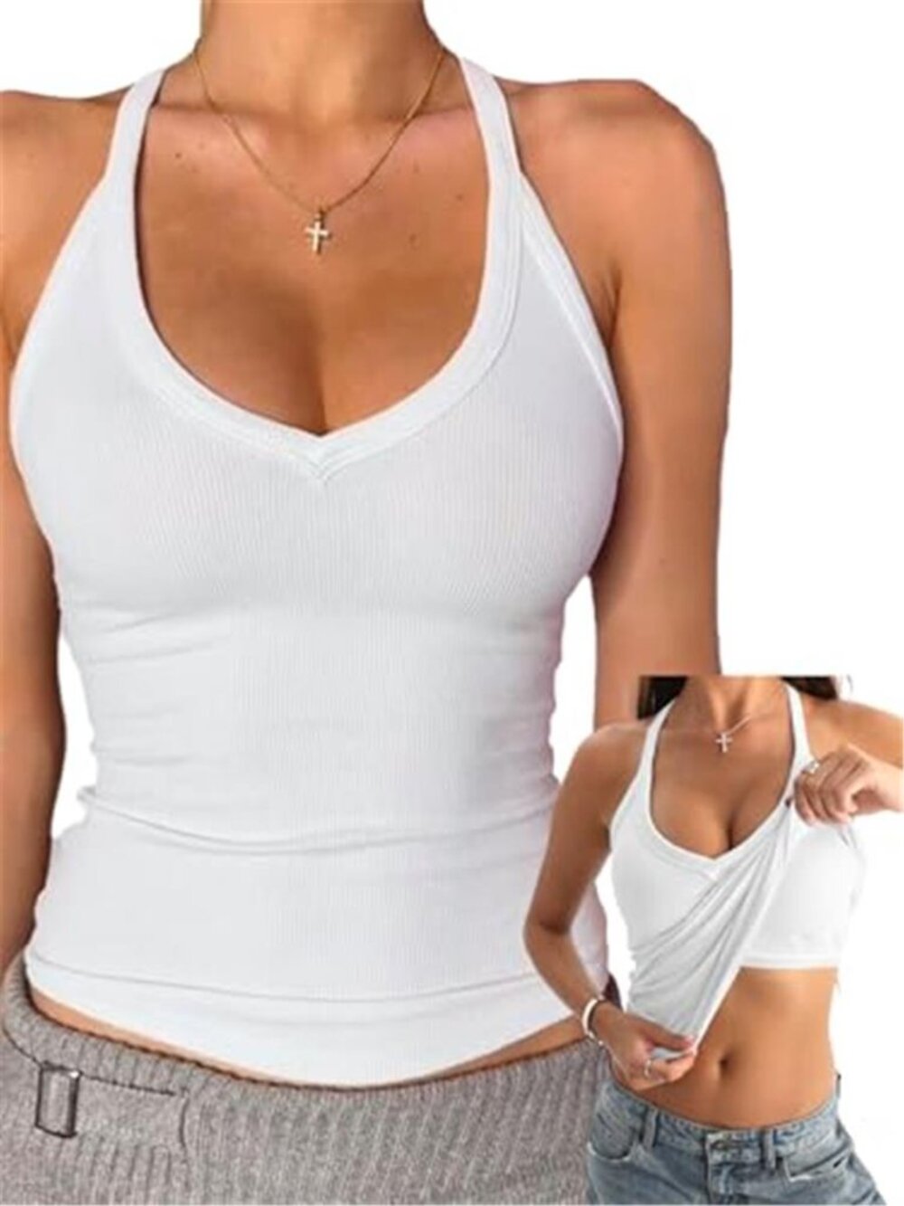 White Ribbed V-Neck Tank Top Built-In Shelf Bra Racerback Fitted Cami